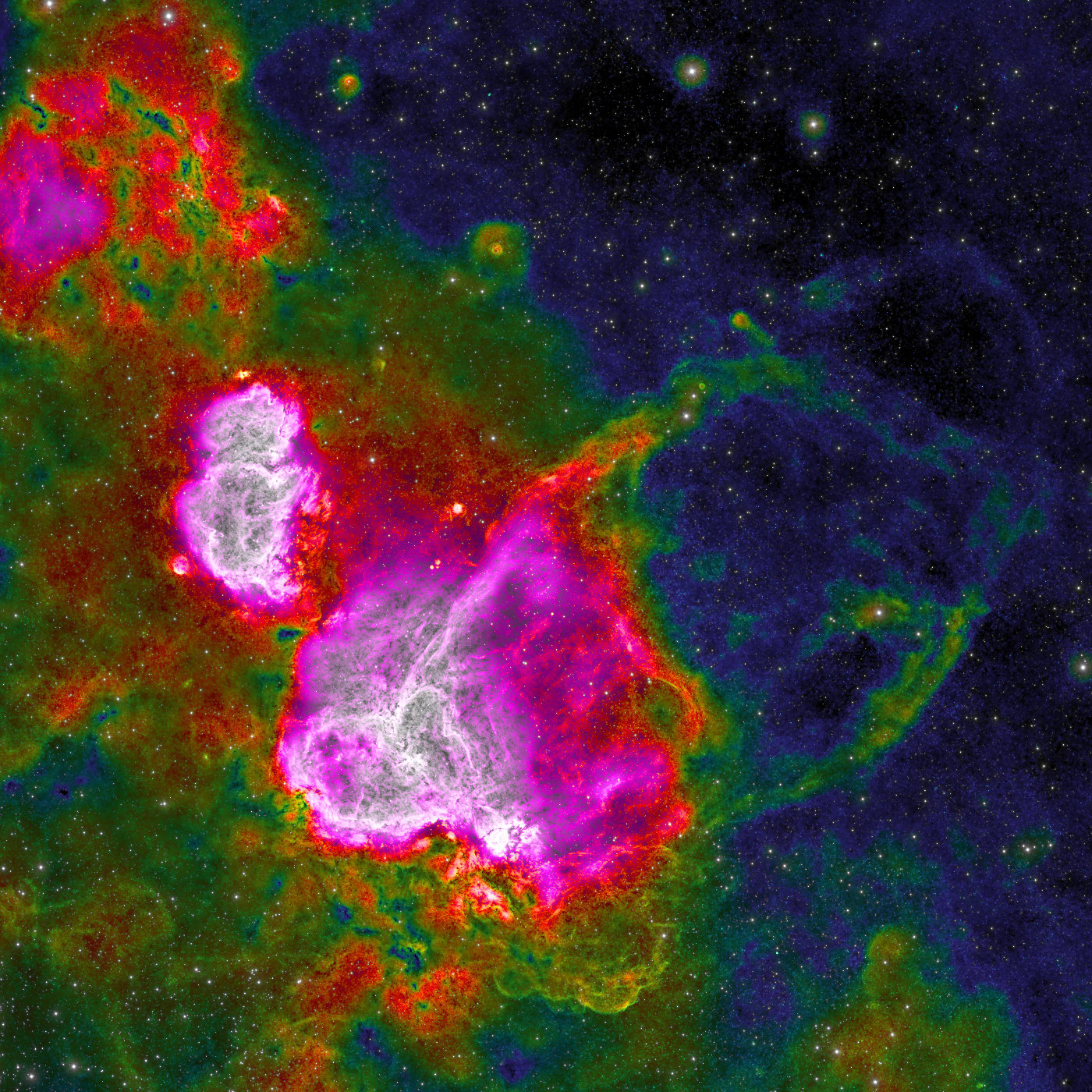 SH2-199 (Soul Nebula) and SH2-190 (Heart Nebula) and W4 superbubble/chimney in H-alpha